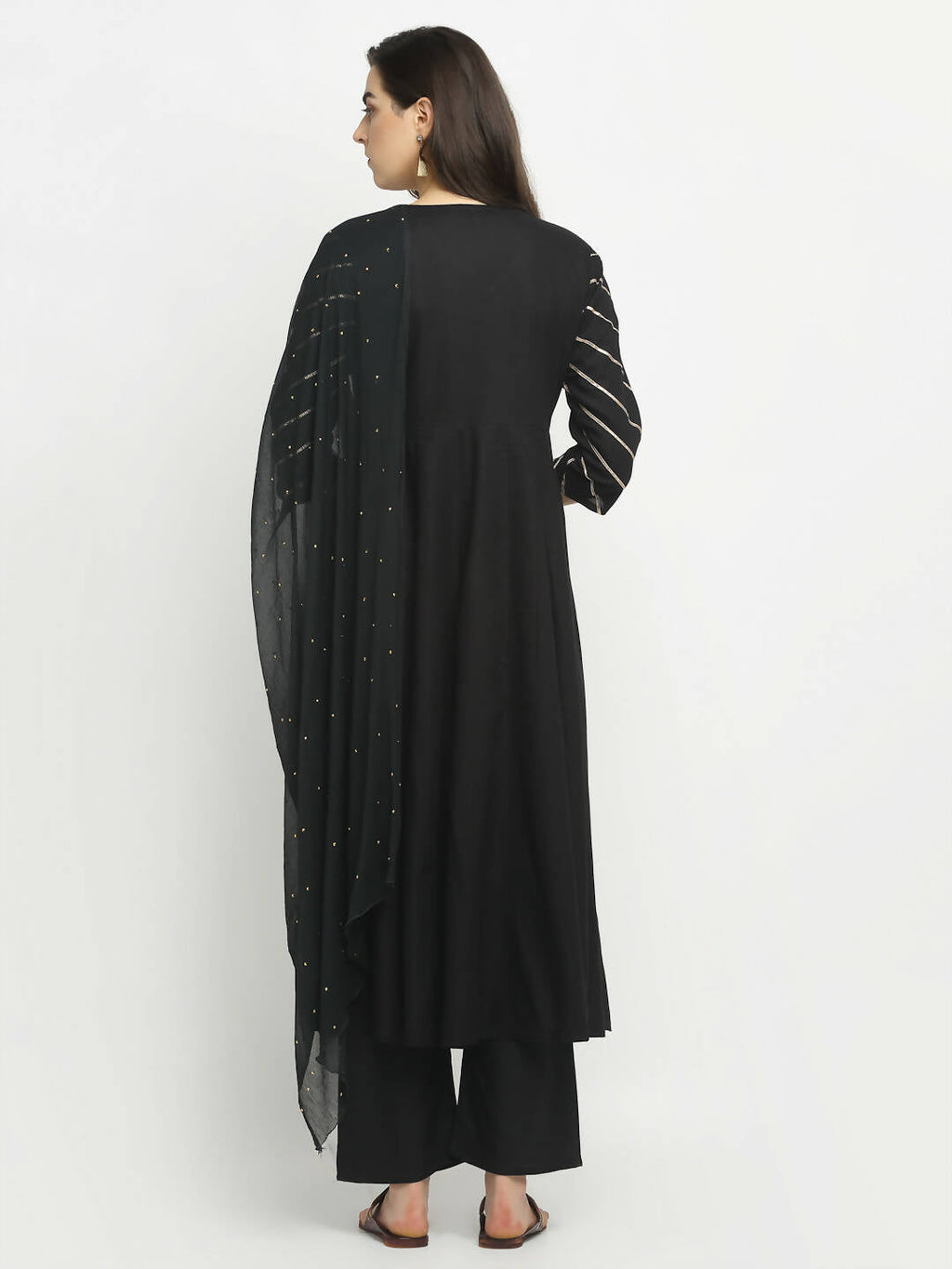 Rudra Bazaar Black Angrakha Style Flared Kurta with Pyjamas & Dupatta