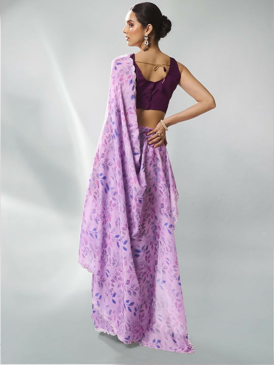 Lavender Satin Georgette Designer Printed Saree - Shezlin