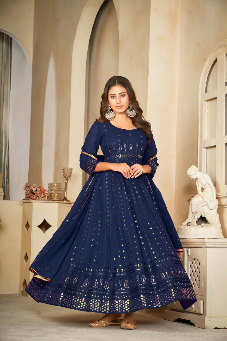 Jyoti Fashion Women's Blue Georgette Embroidered Anarkali Kurta Pant Set With Dupatta