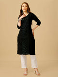 Jyoti Fashion Women's Black Cotton Blend Embroidered Kurta Pant Set