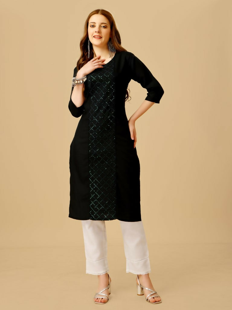 Jyoti Fashion Women's Black Cotton Blend Embroidered Kurta Pant Set