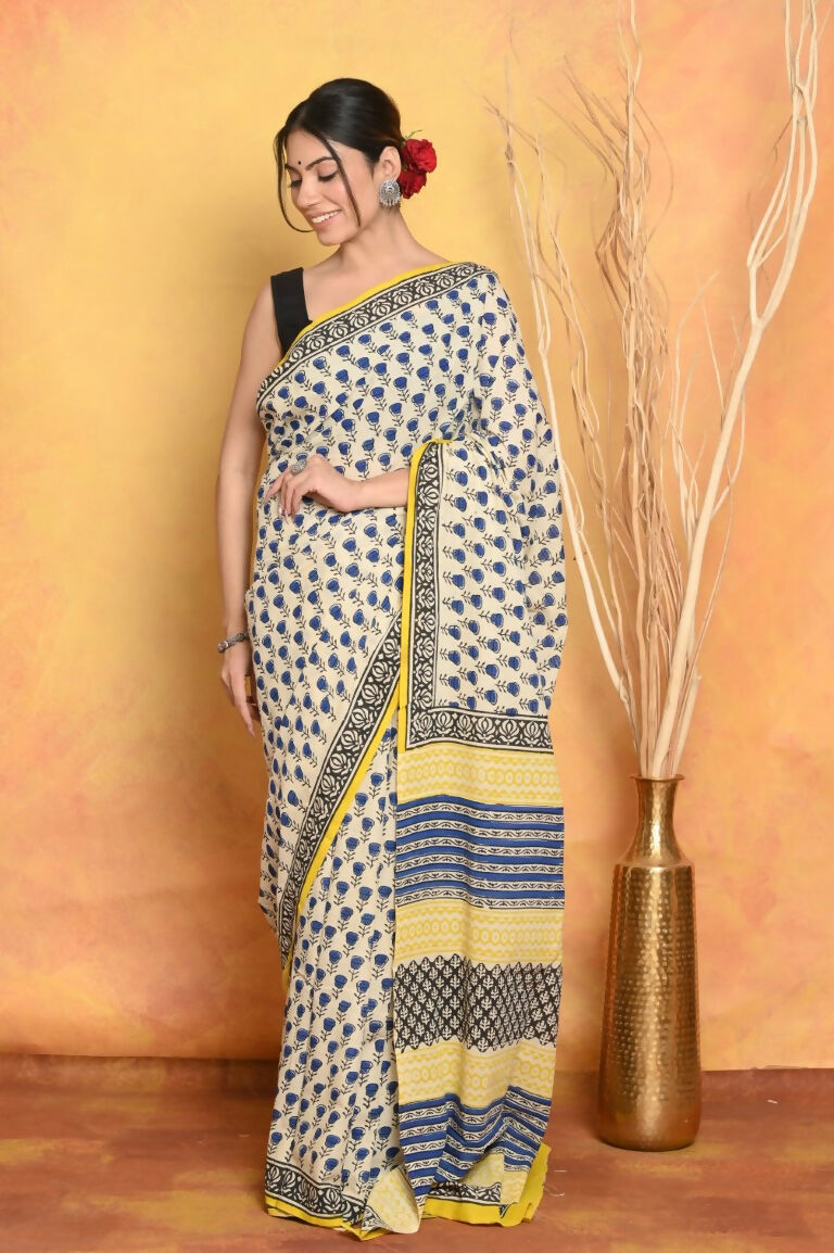 Very Much Indian Handblock Printed Cotton Saree With Natural Dyes - White
