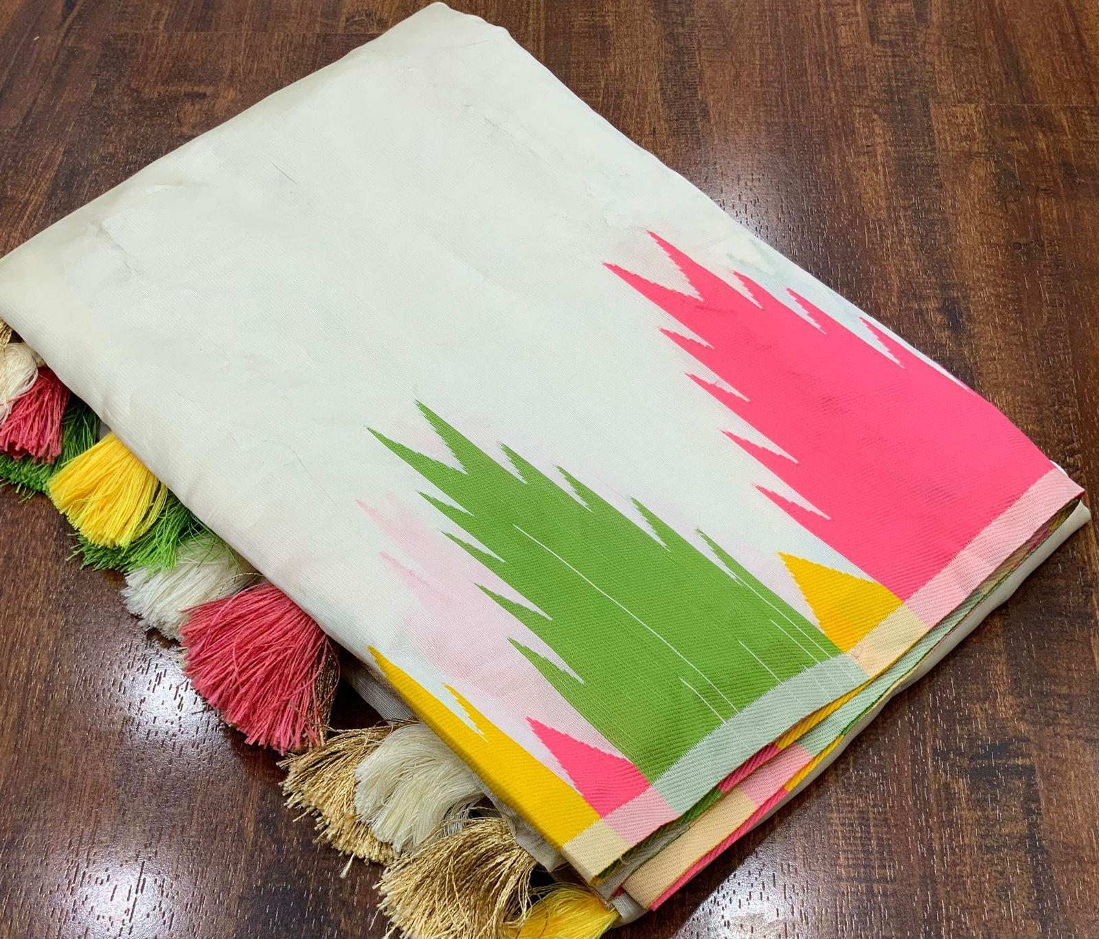 Cream Polycotton Woven Design Saree with Unstitched Blouse - Hiral Fashion