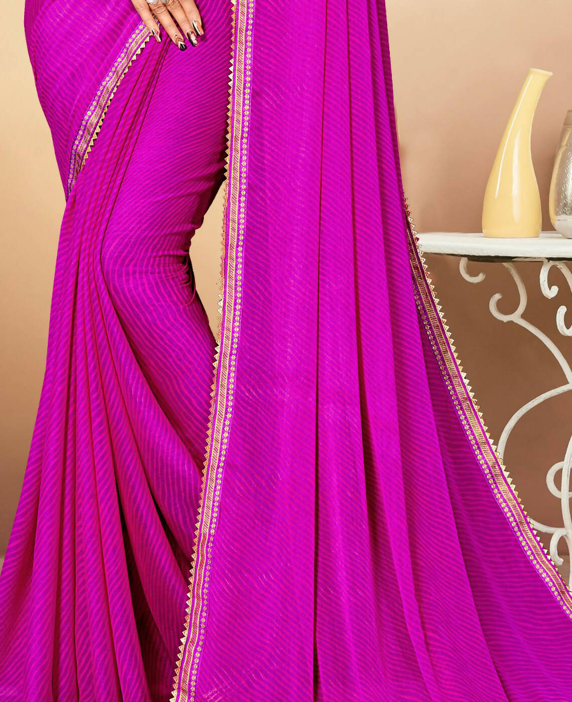 Purple Chiffon Leheriya Printed Saree With Unstitched Blouse Piece - Swarna
