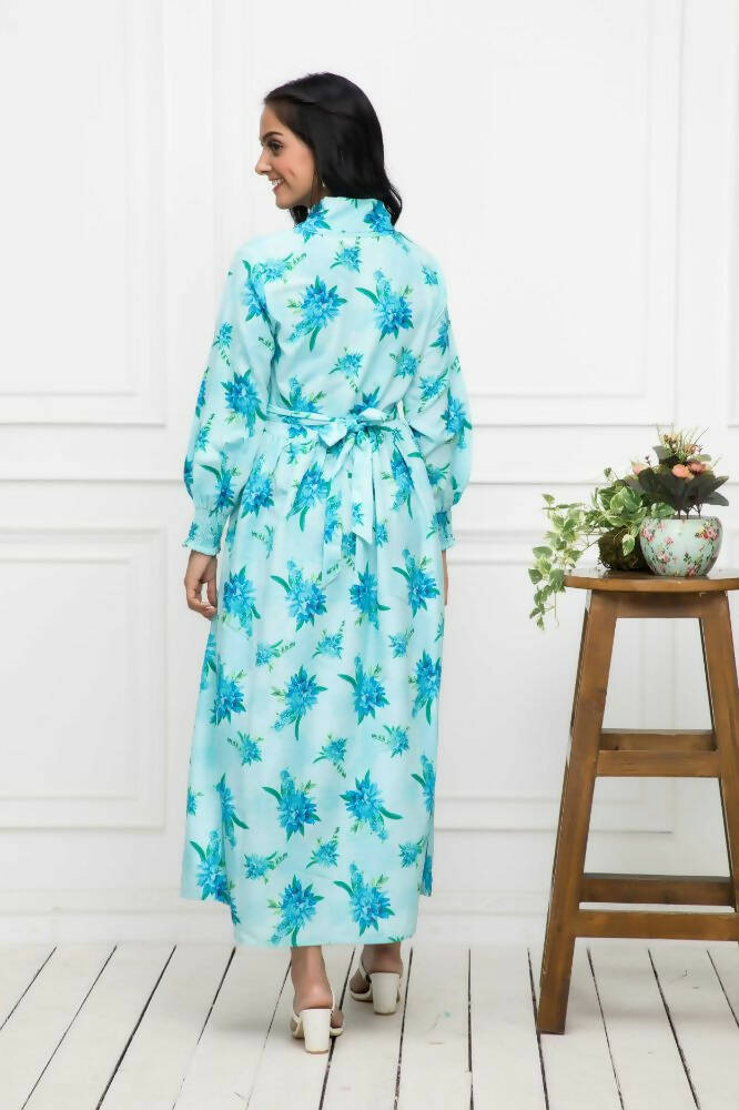 Myshka Women Blue Floral Rayon A-Line Shirt Collar Dress