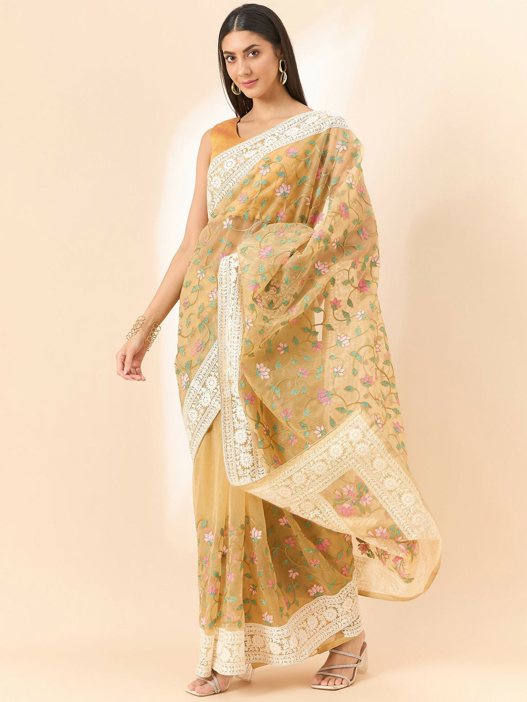Beige Organza Floral Embroidered Saree with Unstitched Blouse Piece - Roozal