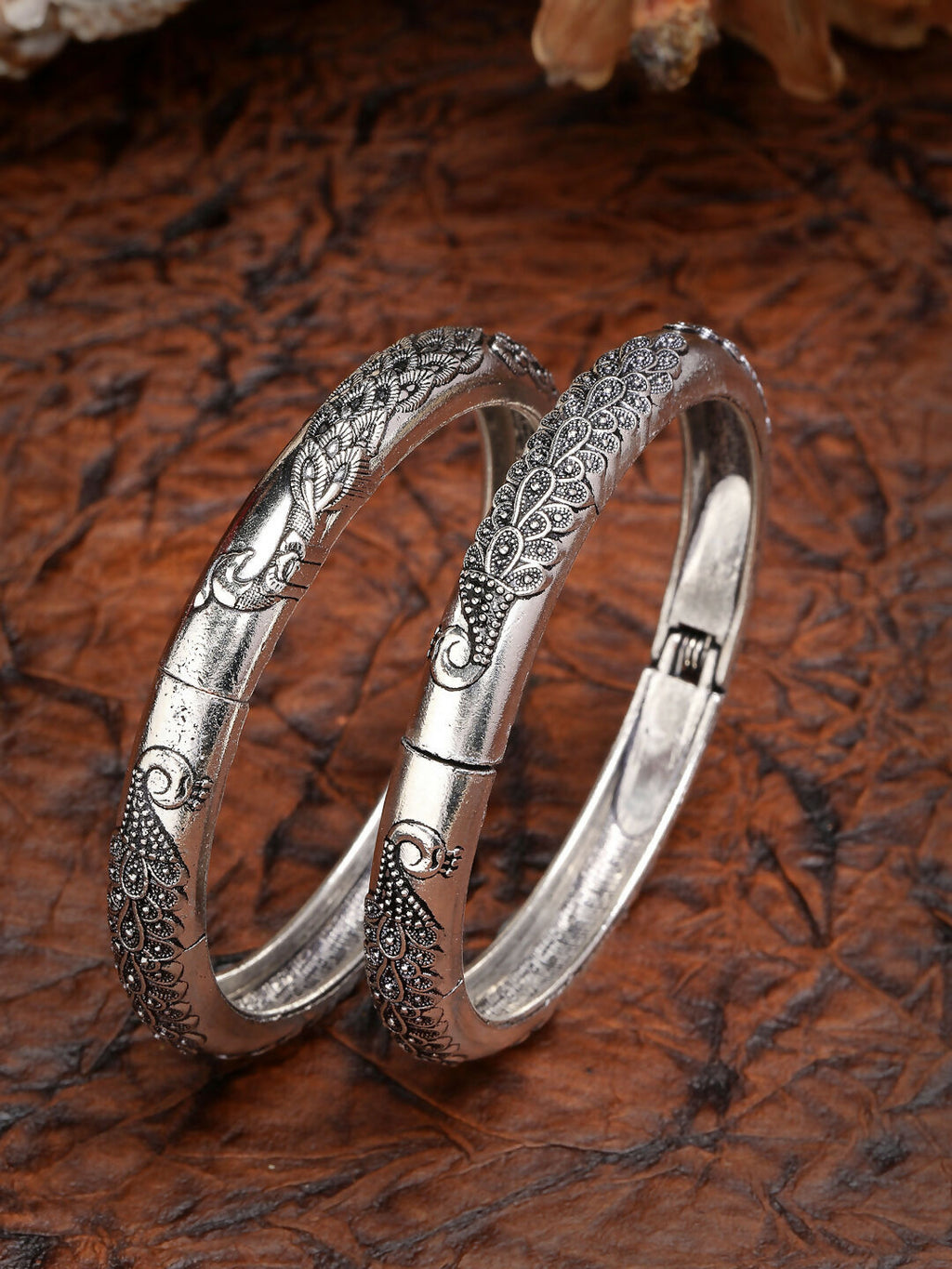 NVR Women's Set of 2 Silver-Toned German Silver Peacock Design Oxidised Kada Bangle