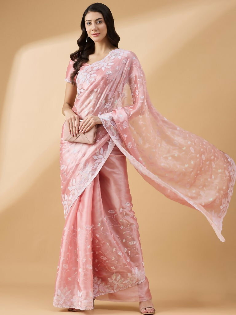 Peach Tissue Slub Embroidered Saree with Unstitched Blouse - Vairagi