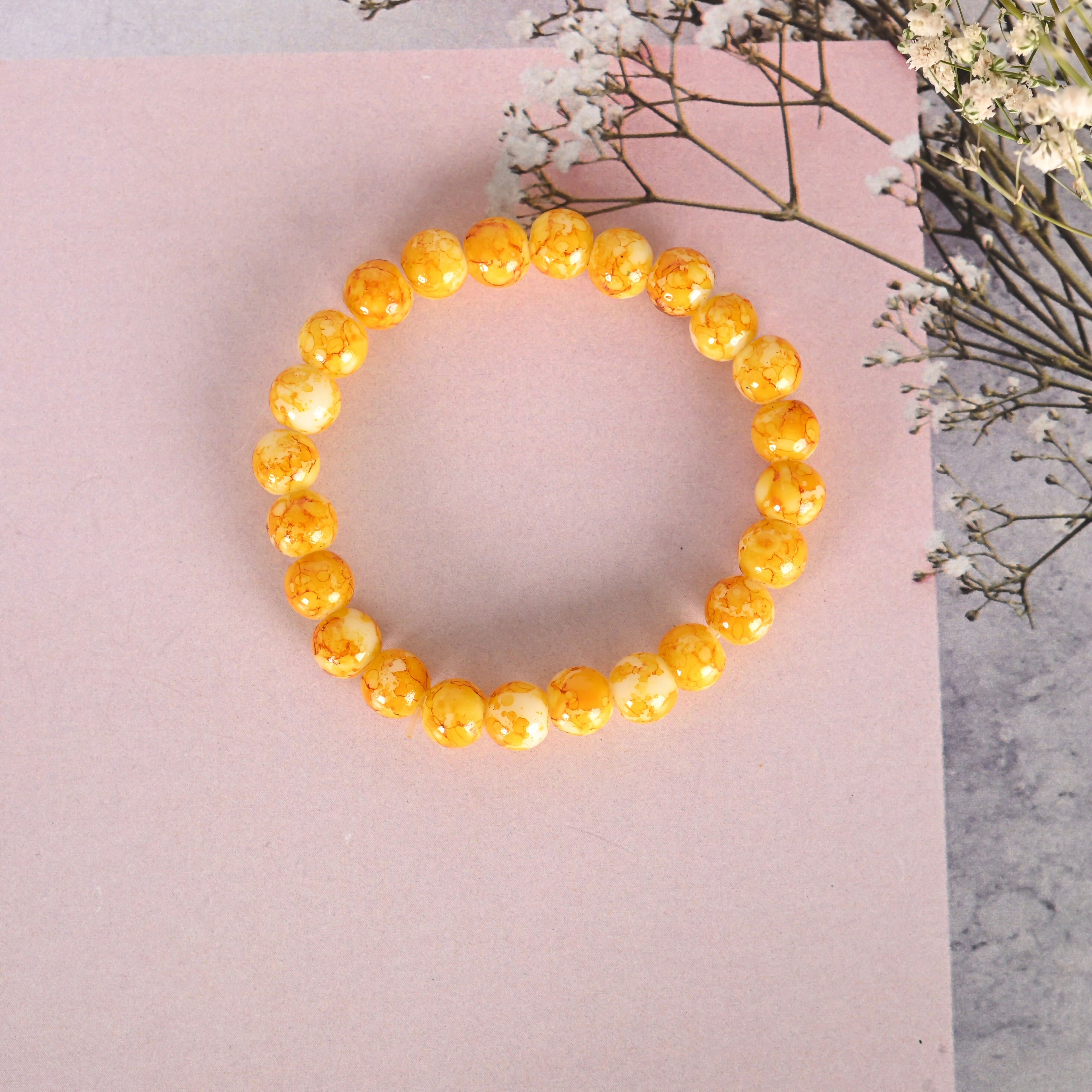 NVR Men & Women Yellow Marbel Crystal Elasticated Bracelet