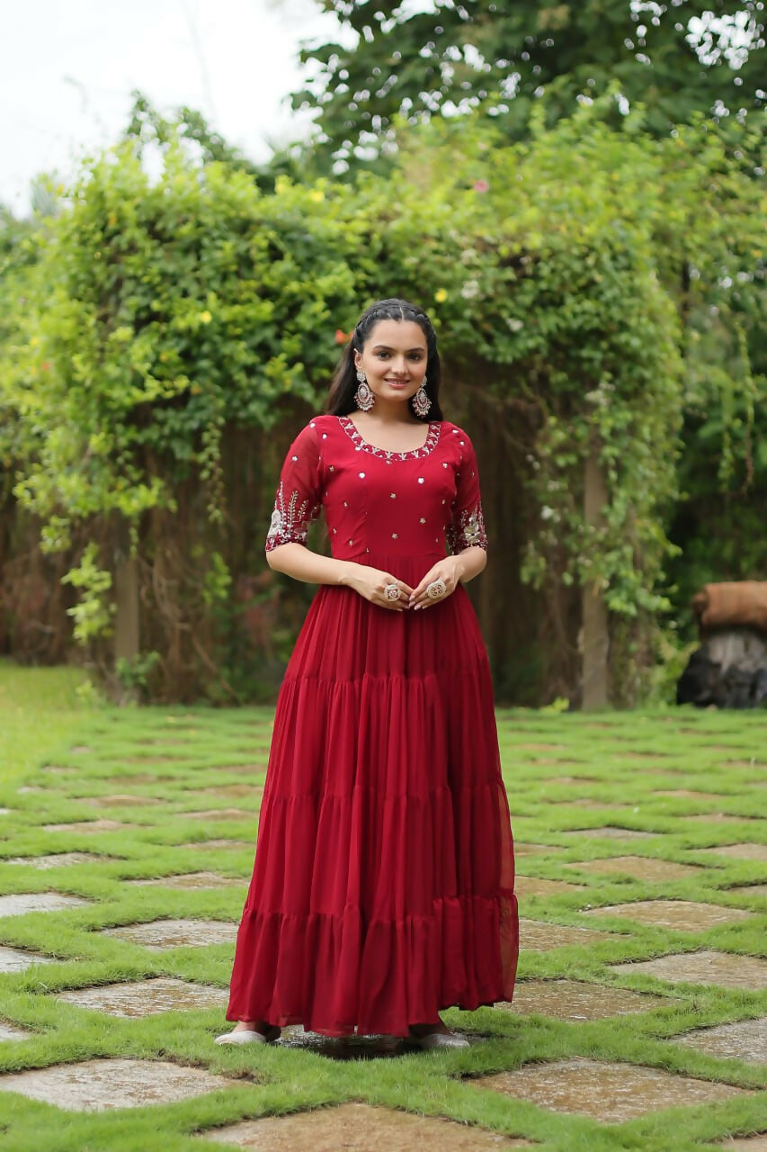 Vastranavya Premium Designer Faux Blooming with Embroidery Zari Sequins work Gown - Red