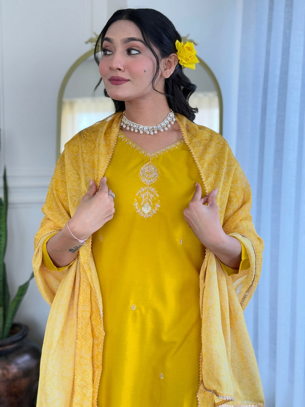 The52 Yellow Women's Beautiful Embroidered Rayon Fabric with Straight Kurta, Pant and Dupatta Set
