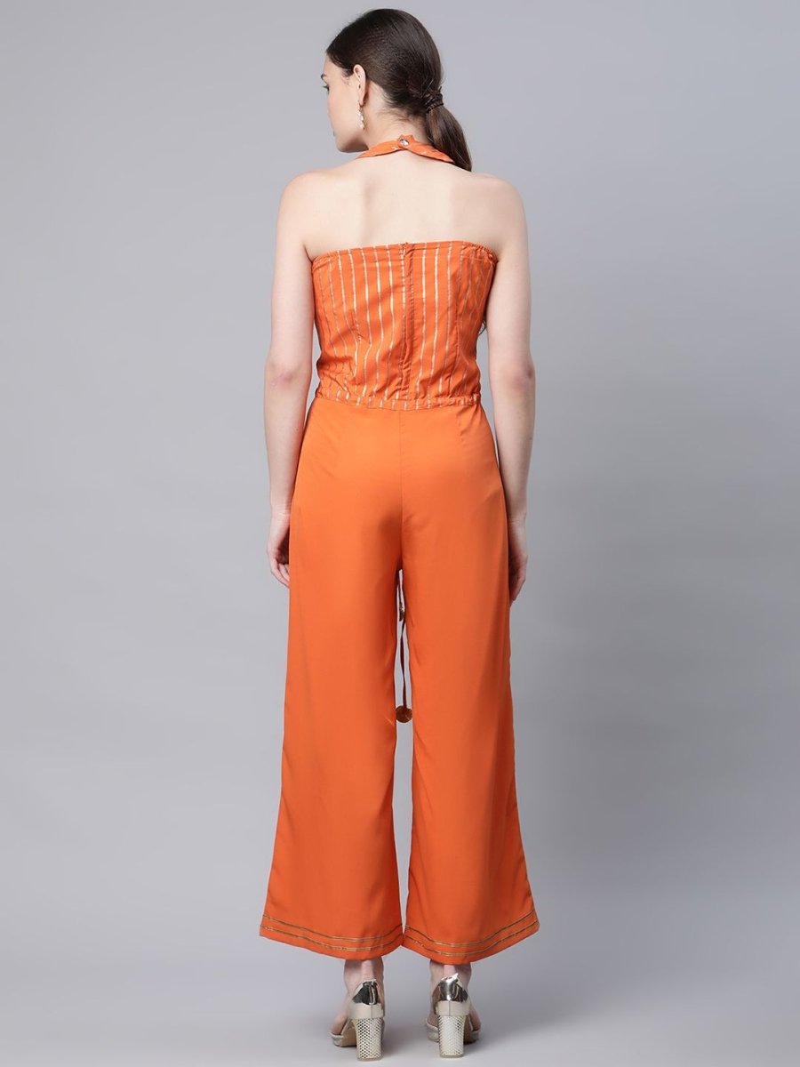 Ahalyaa Womens Orange Crepe Gold Stripped Print Jumpsuit