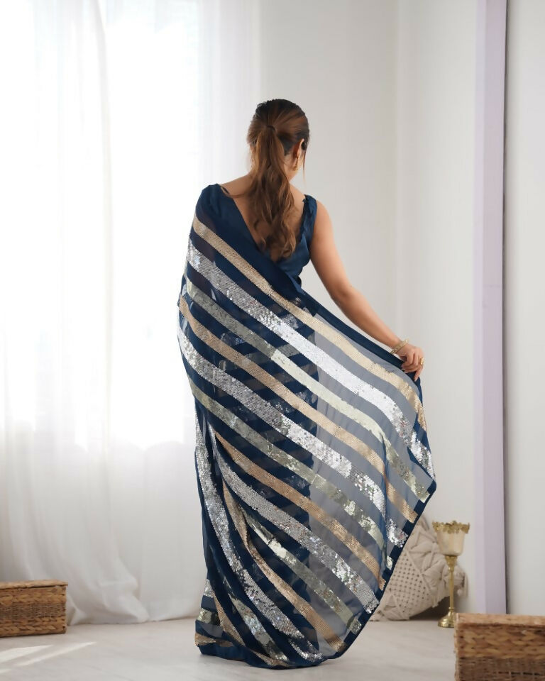 Petrol Georgette Sequance Embroidery Work Border Saree - Sitare