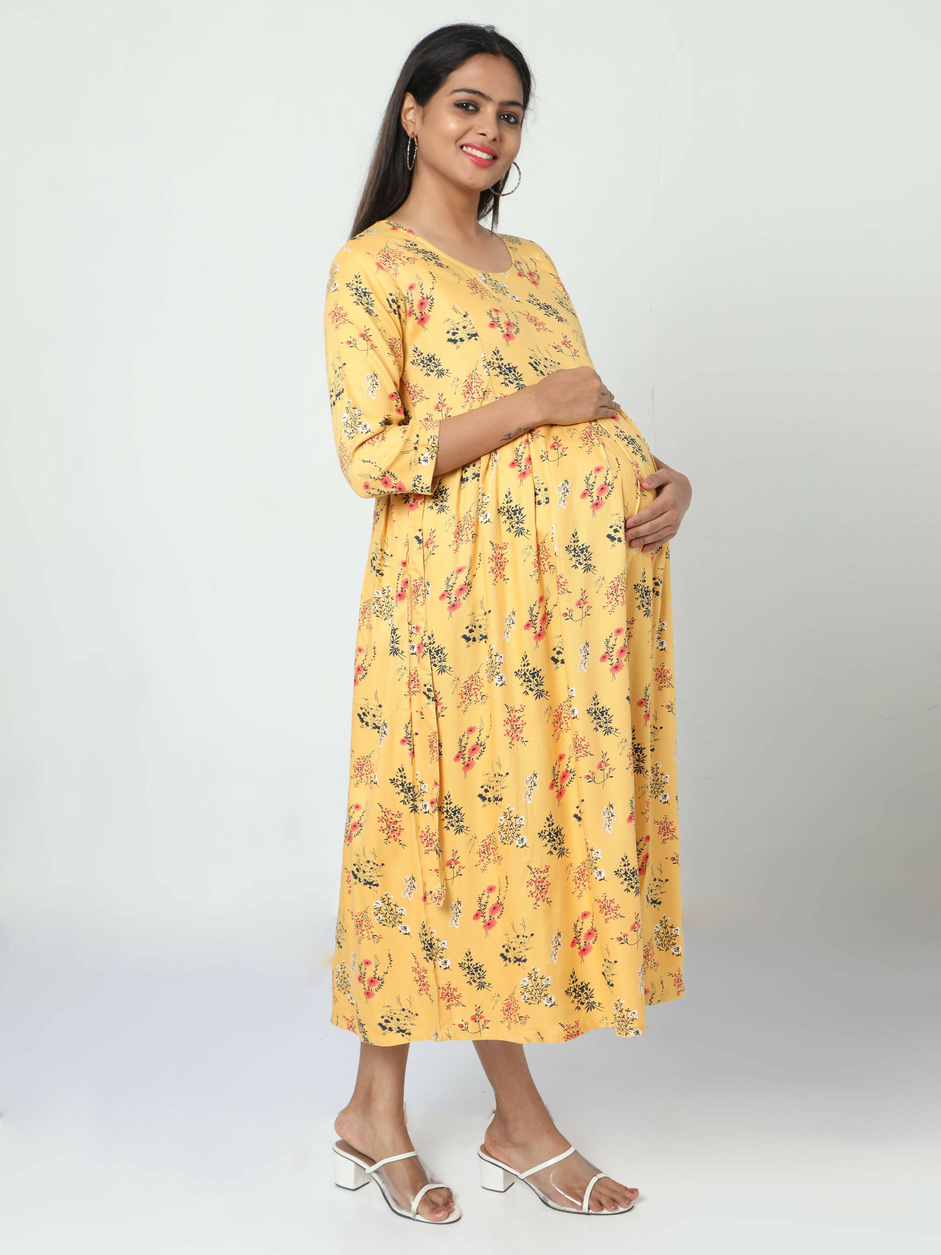 Manet Three Fourth Maternity Dress Floral Print With Concealed Zipper Nursing Access - Yellow