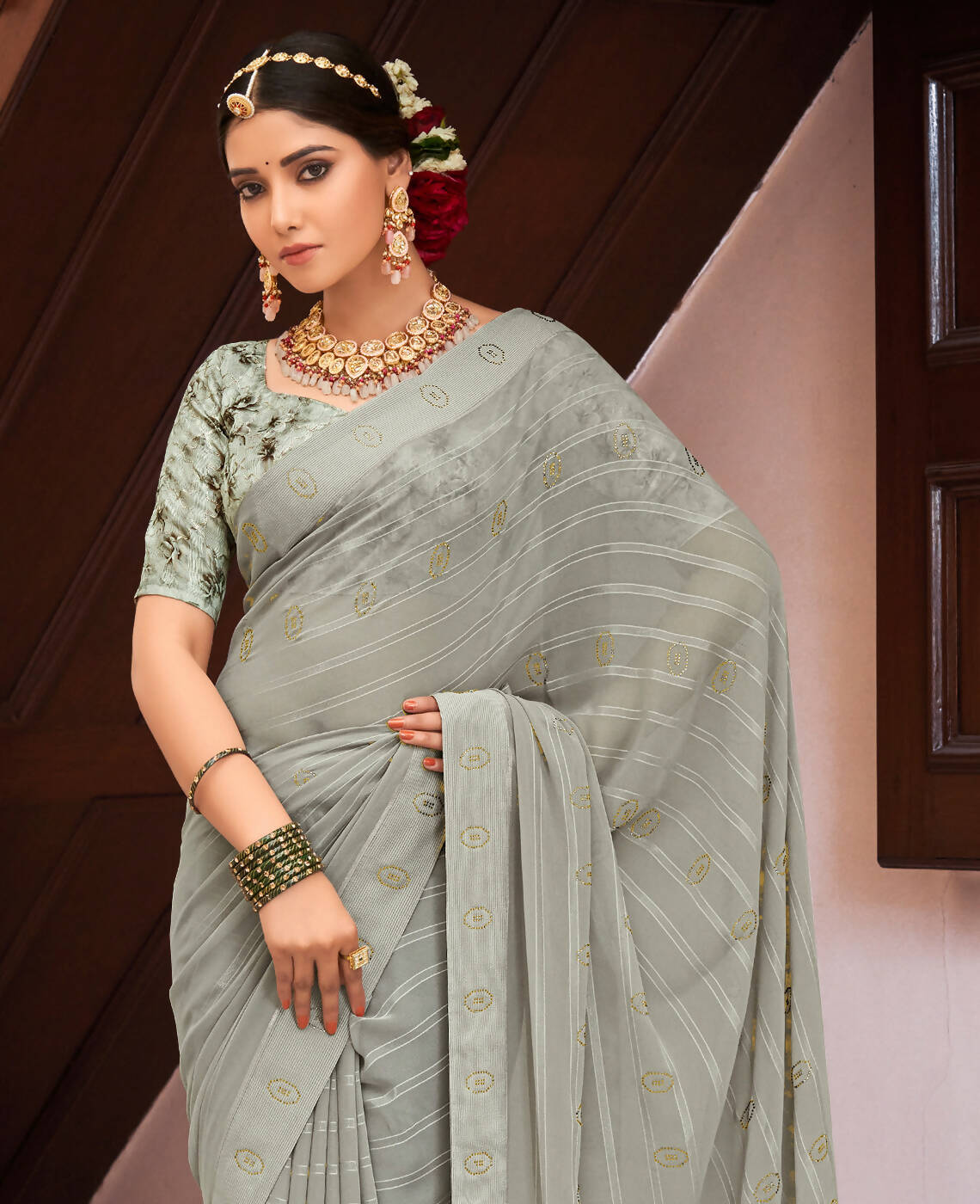 Grey Georgette Swaroski Work Saree With Unstitched Blouse Piece - Juhi