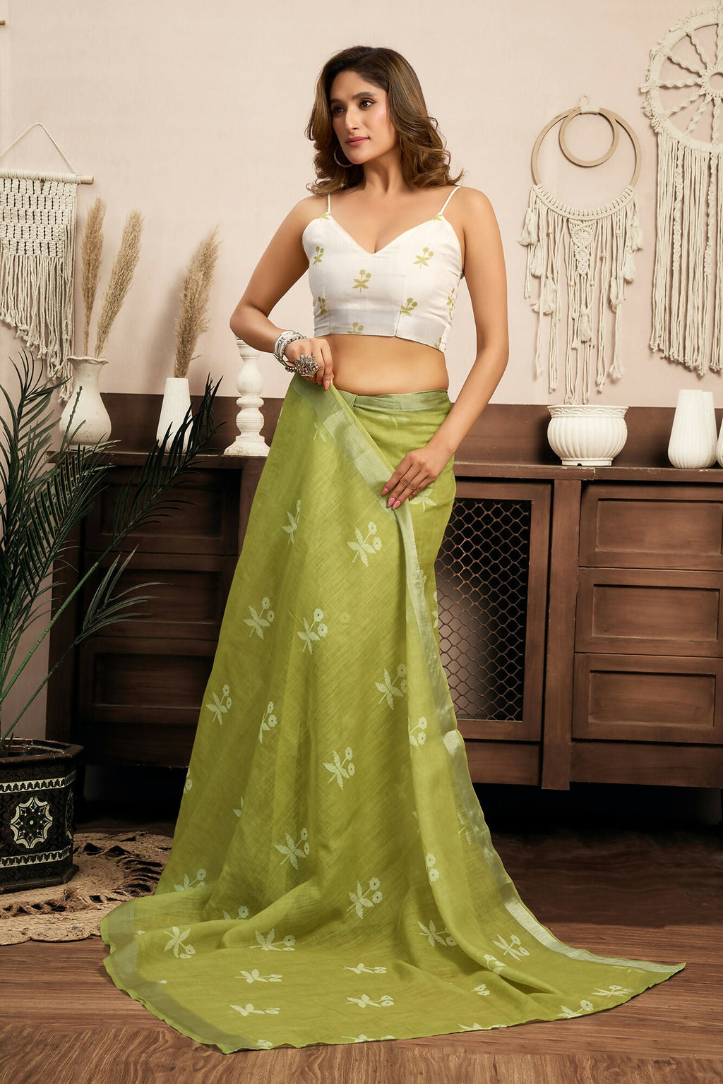 Vastranavya Mehendi Digital Printed Linen Ready To Wear Designer Saree with Unstitched Blouse