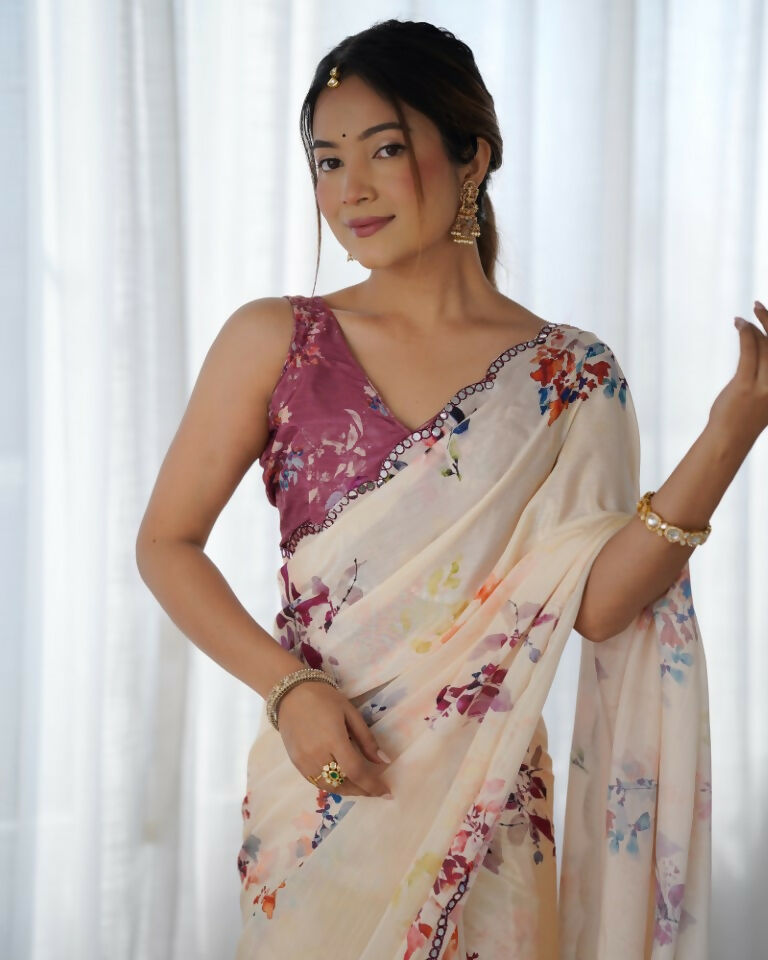 Peach Chinon Designer Digital Printed & Mirror Cut Work Saree - Kriti