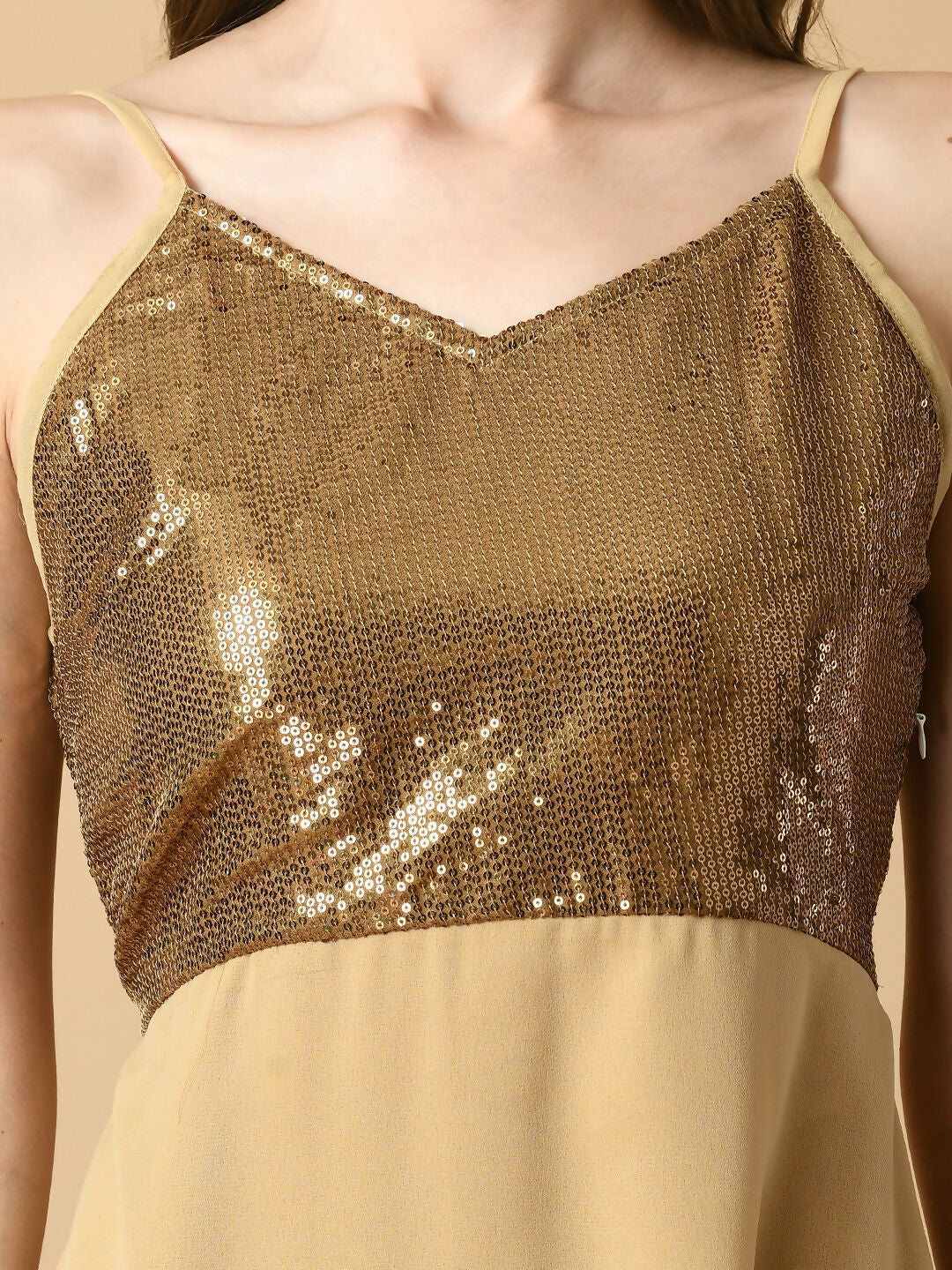Myshka Women's Beige Solid Georgette Party Dress