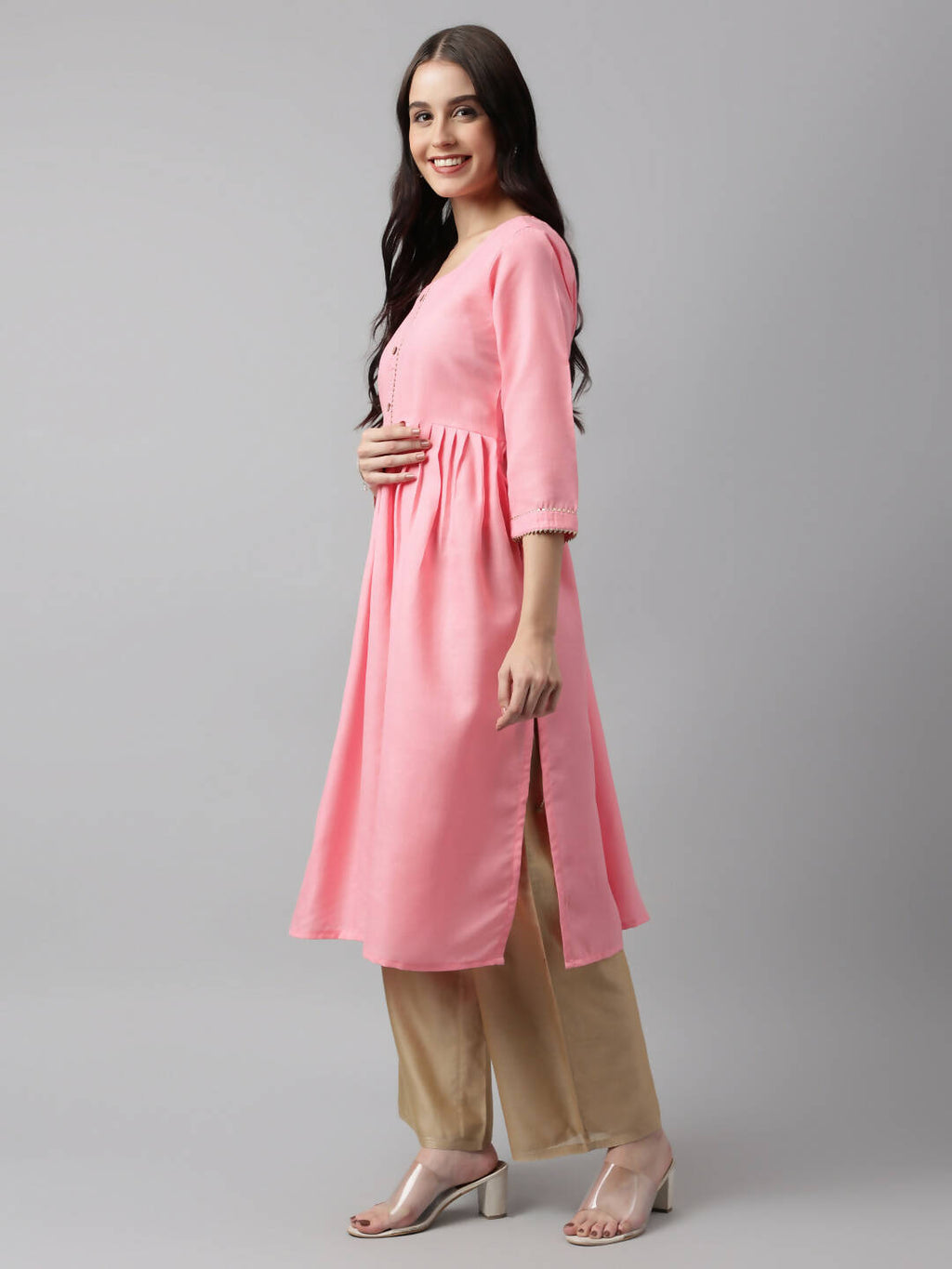 Pink Poly Cotton Solid Nayra Cut Kurta - Tirtha