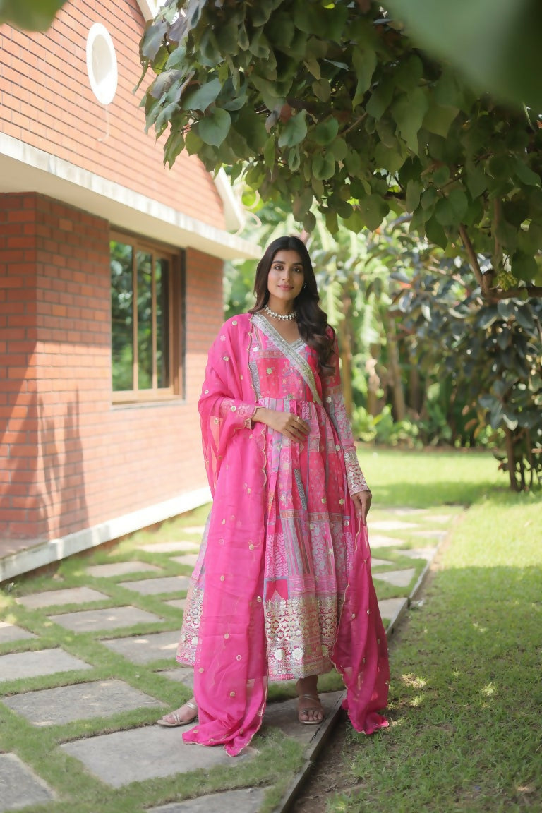 Jyoti Fashion Women's Pink Russian Silk Digital Print with Embroidered Anarkali Dress with Dupatta