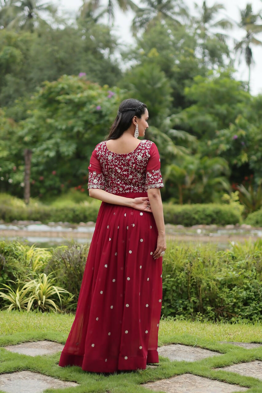 Vastranavya Premium Designer Faux Blooming with Embroidery Zari Sequins work Gown - Maroon