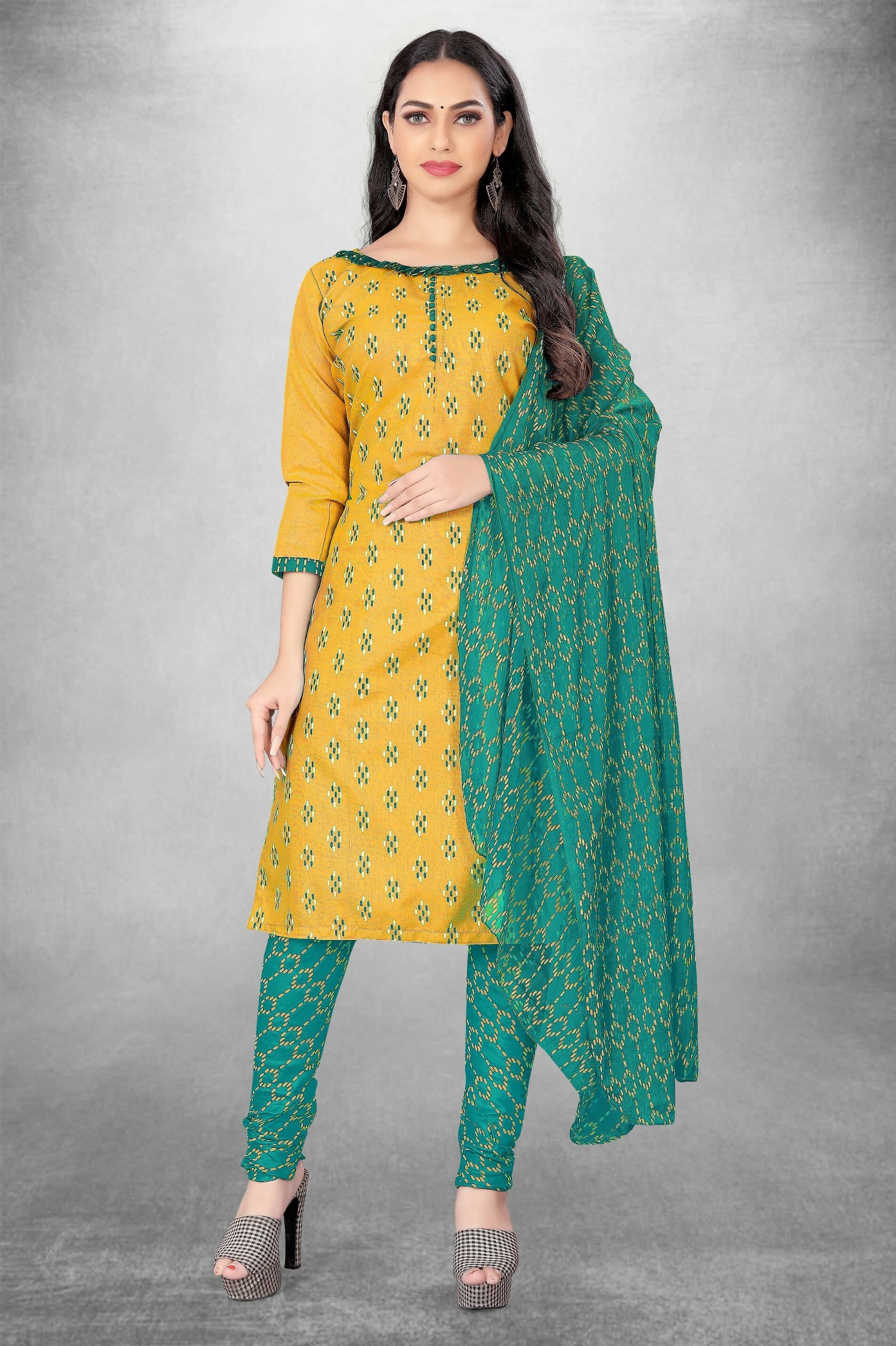 Mustard Cotton Printed Unstitched Dress Material - Amara