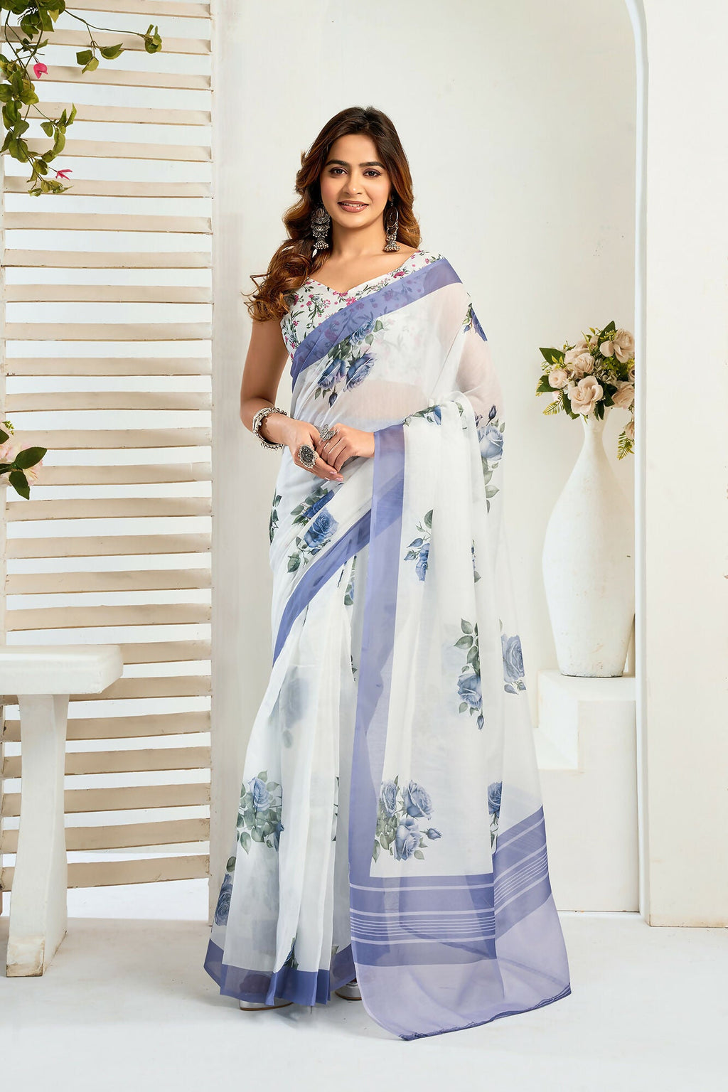 Vastranavya Blue Digital Printed Linen Ready To Wear Designer Saree with Unstitched Blouse