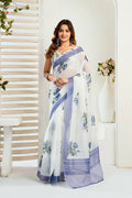 Vastranavya Blue Digital Printed Linen Ready To Wear Designer Saree with Unstitched Blouse