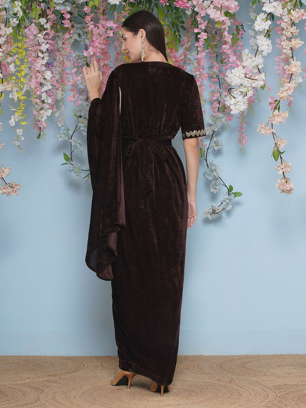 Joban Fashion Brown Hand Embellished Gown With Drape and Belt