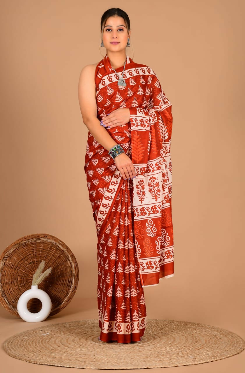 Exclusive Collection Red Beautiful Mulmul Cotton Saree