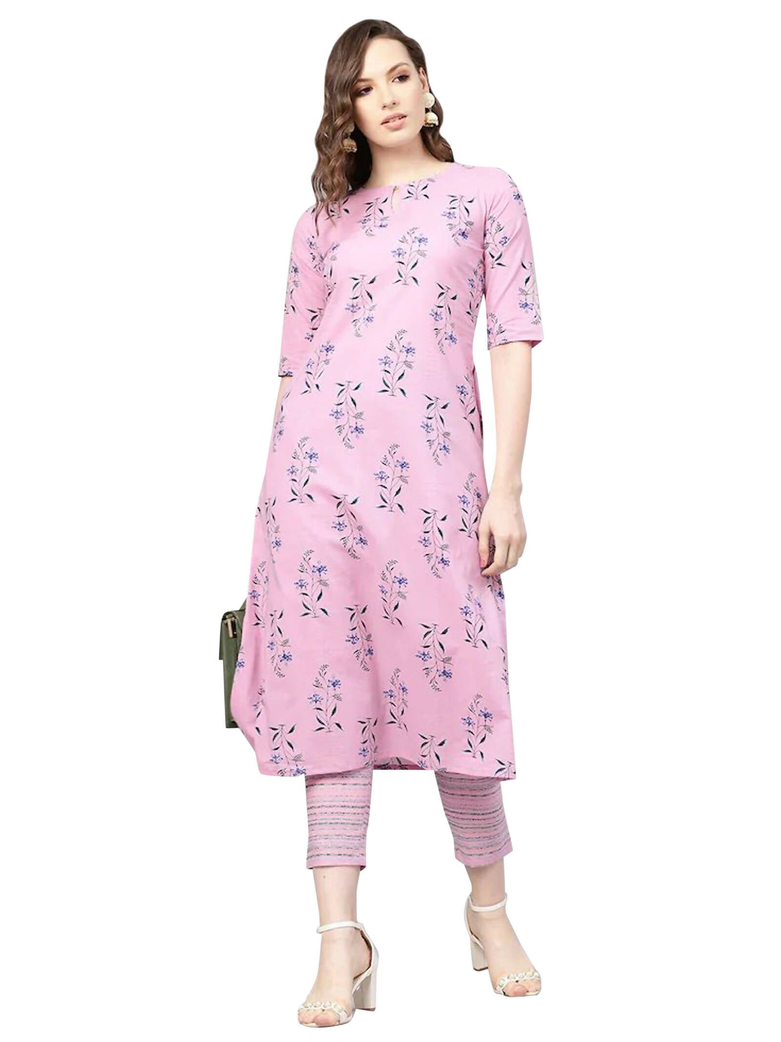 Vamika Printed Cotton Pink Party Wear/Casual Wear Women's Kurta Set/Suit