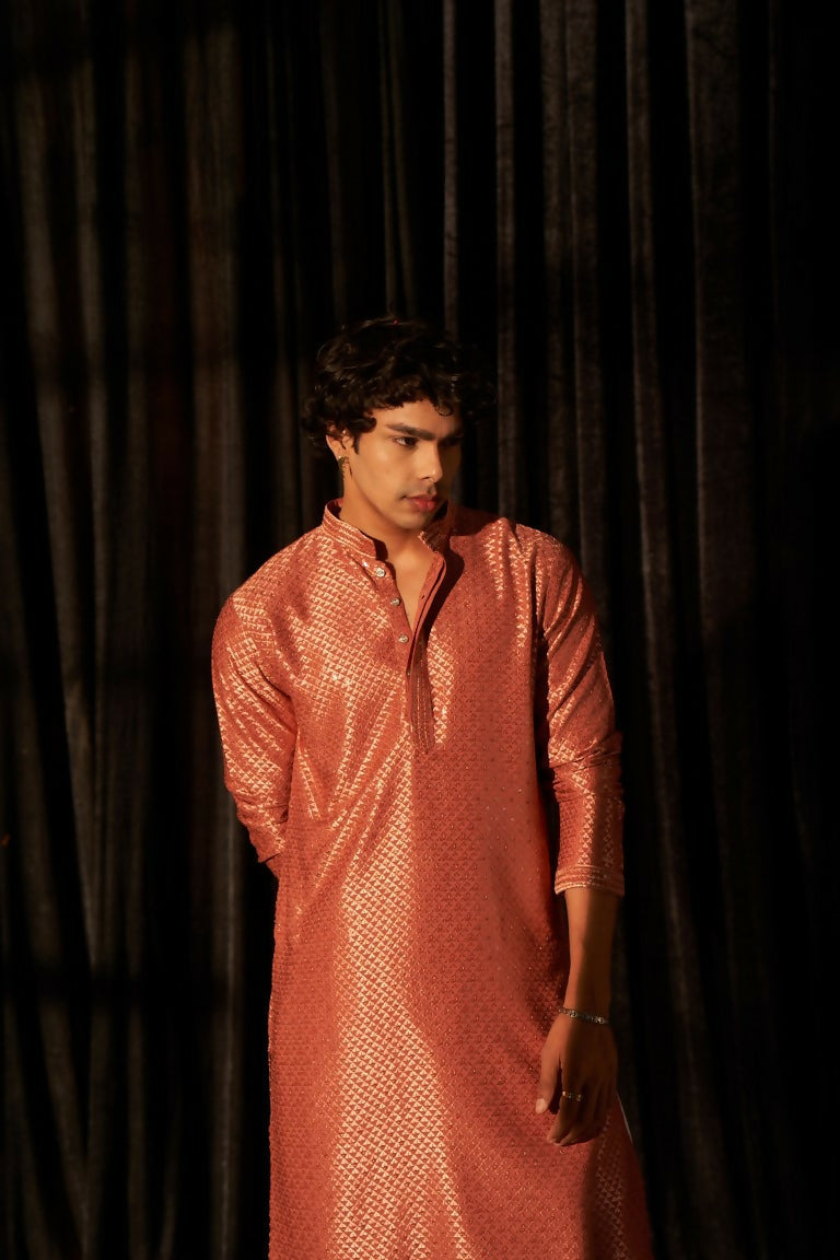 Red viscose Chikankari Embroidery Work Men's Traditional Kurta Set - Mahotsav