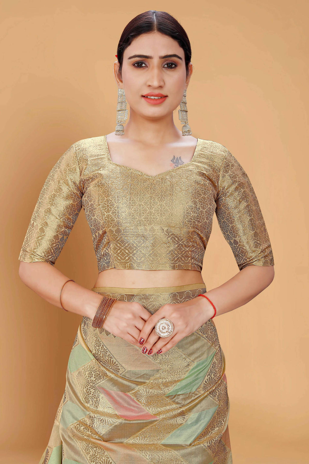 Beige Soft Organza Woven Design Saree With Unstitched Blouse Piece - Zaara