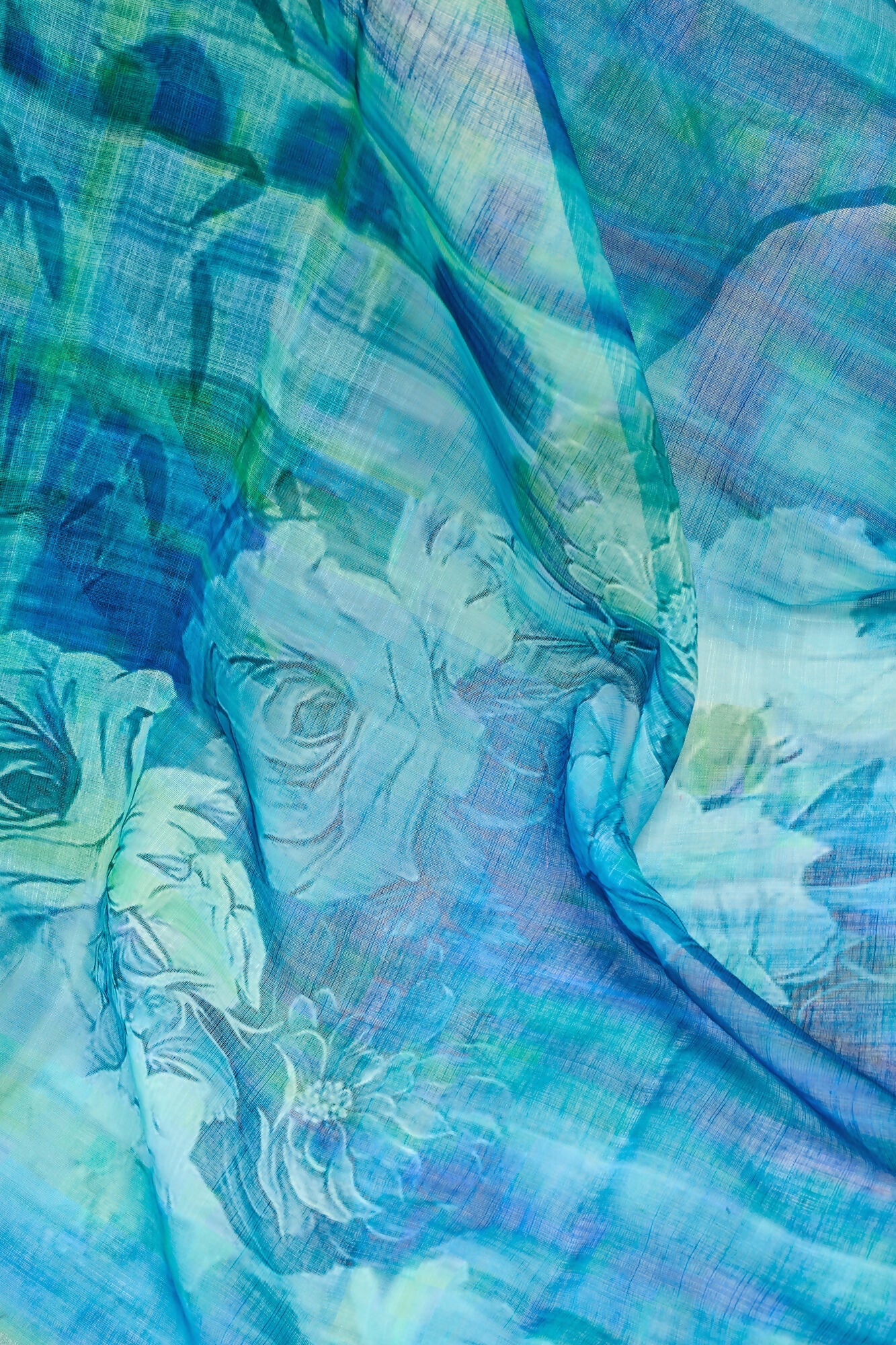 Vastranavya Aqua Blue Digital Printed Linen Ready To Wear Designer Saree with Unstitched Blouse