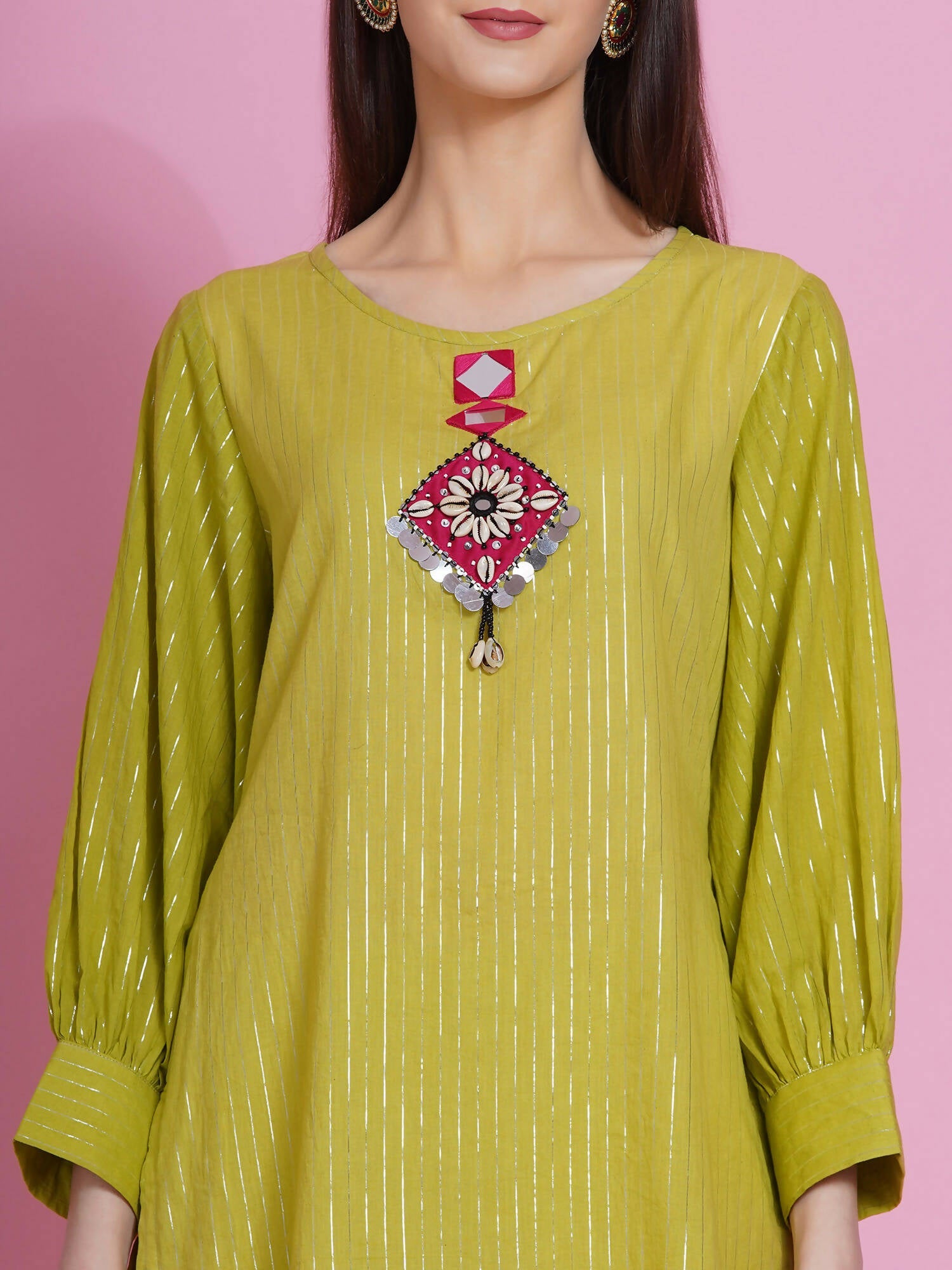 Women Republic Green Lurex Cotton Hand Embroidered Kurta With Pants
