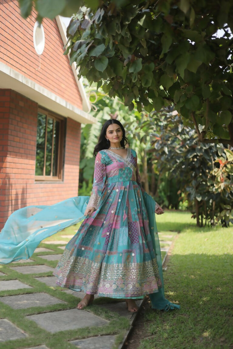 Jyoti Fashion Women's Sky Blue Russian Silk Digital Print with Embroidered Anarkali Dress with Dupatta