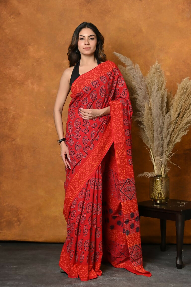Very Much Indian Handblock Printed Cotton Saree With Natural Dyes - Red