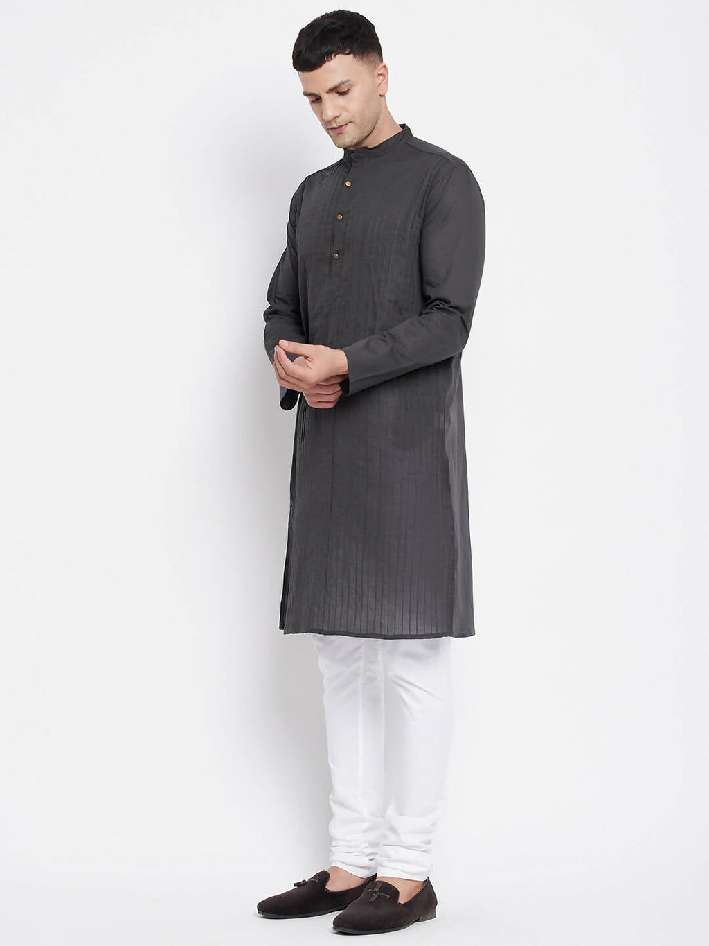 Even Apparels Grey Pure Cotton Men's Kurta With Band Collar
