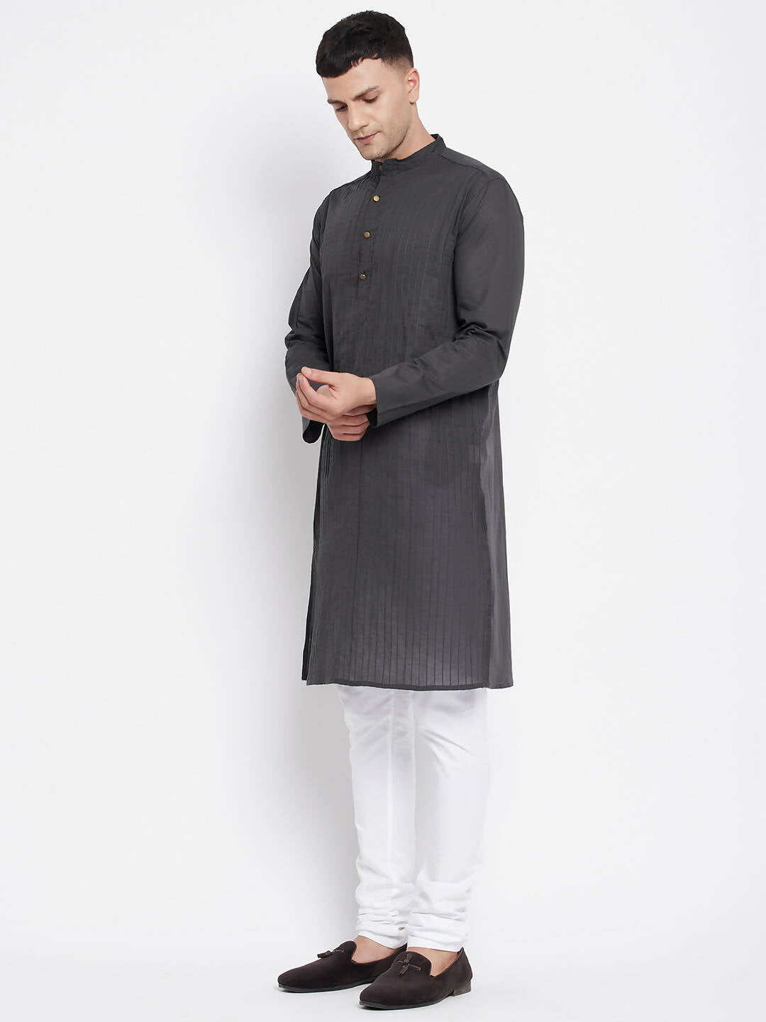 Even Apparels Grey Pure Cotton Men's Kurta With Band Collar