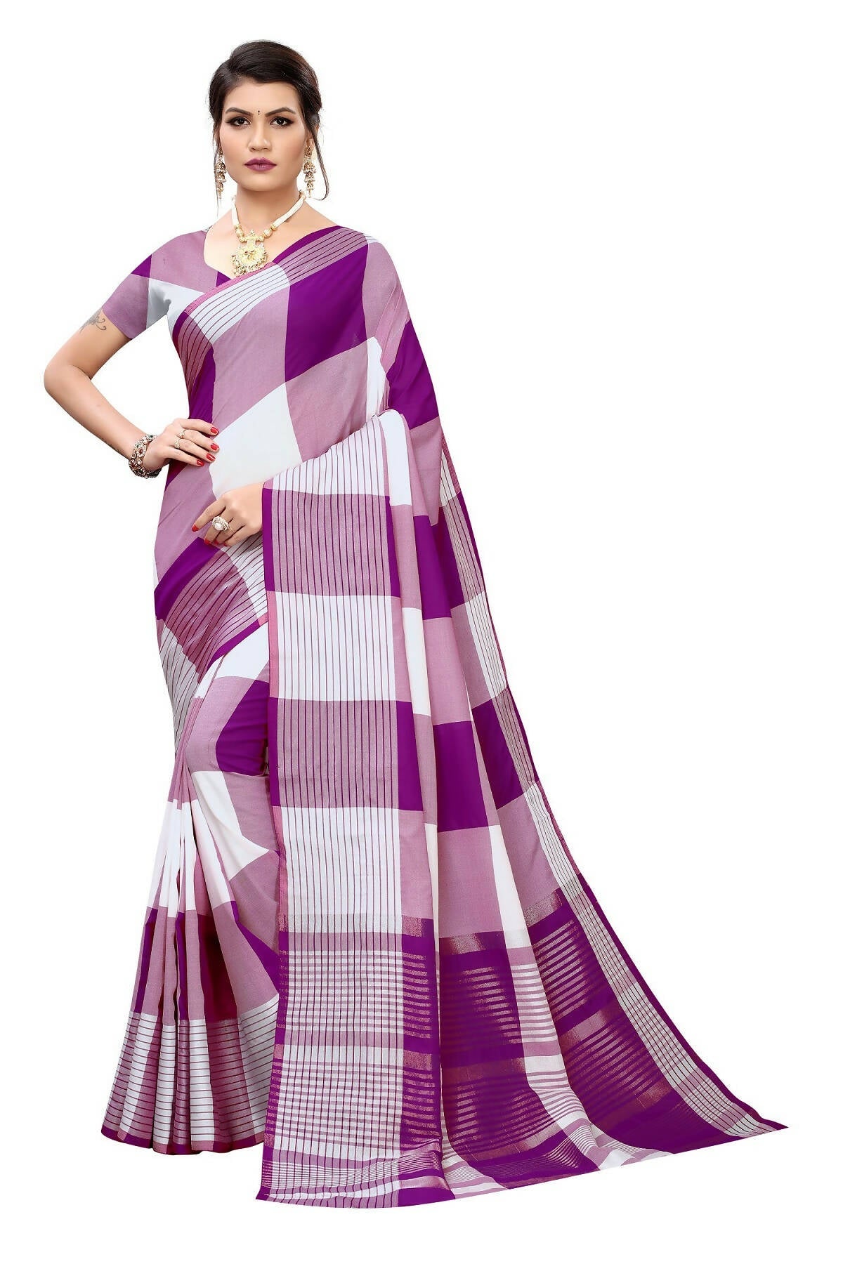 Vamika Wine Cotton Silk Weaving Saree (Gamma Checks Wine)