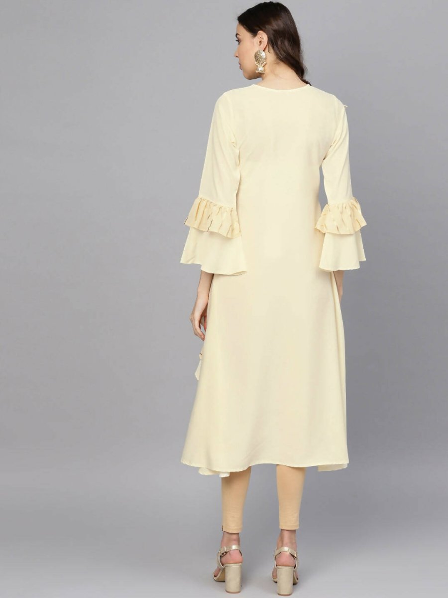 Ahalyaa Cream Crepe Angarkha Style Ruffled Kurta For Women