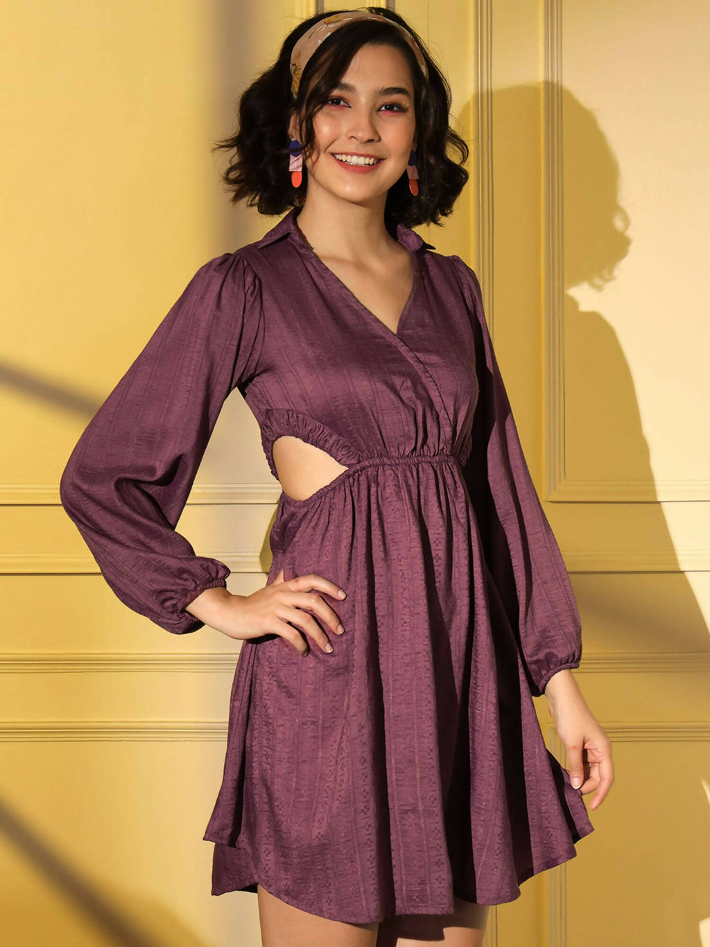 Wine Viscose Solid Flared Dress - Shivani