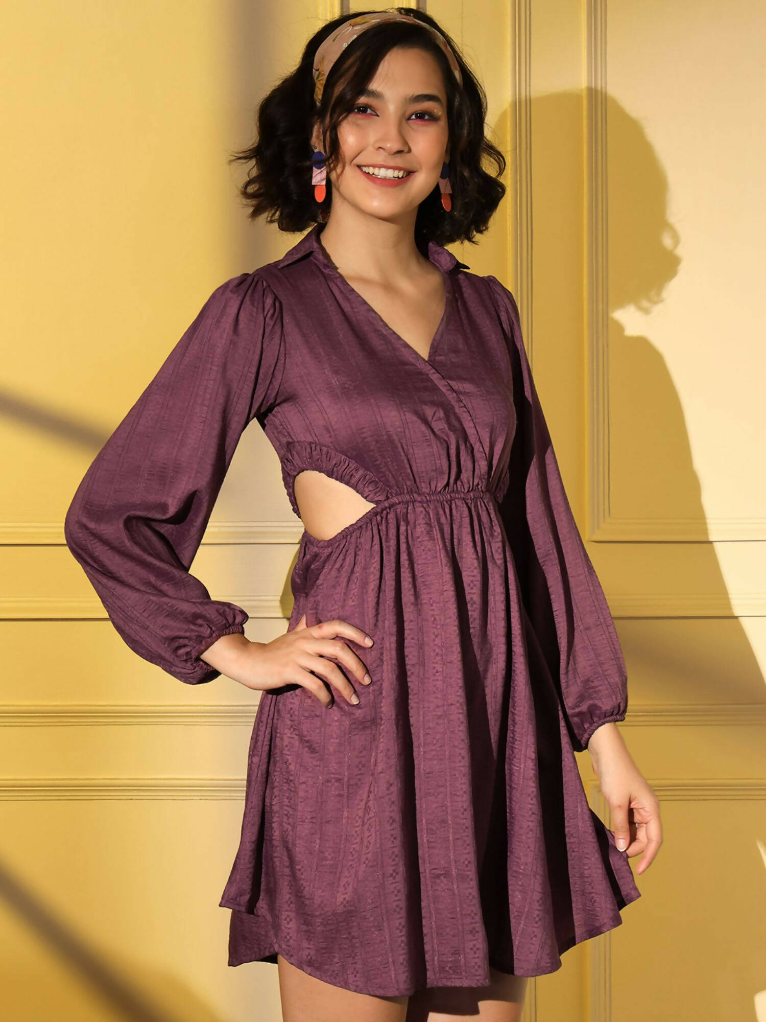 Wine Viscose Solid Flared Dress - Shivani