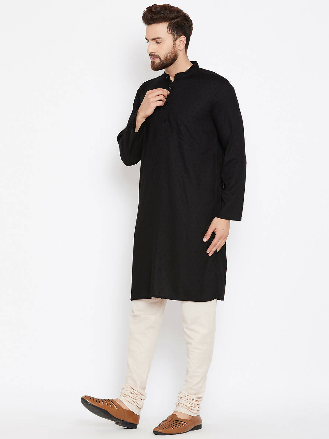 Even Apparels Black Pure Cotton Band Collar Men's Kurta