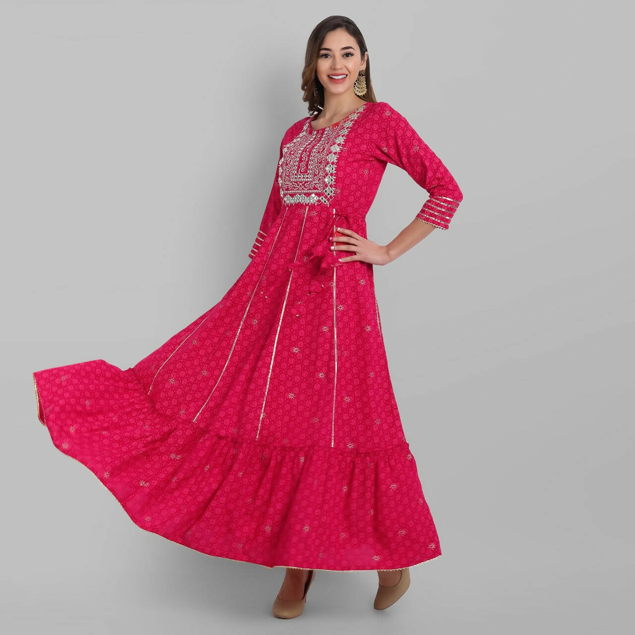 Juniper Fuchsia Rayon Festive Wear Embroidered Tiered Long Dress