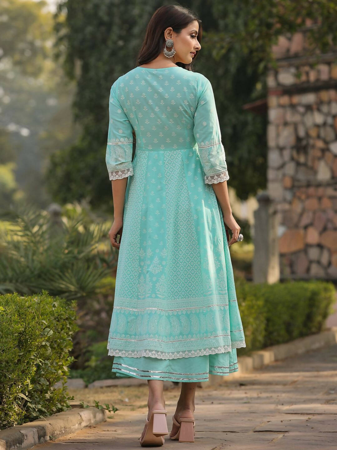 Juniper Women's Aqua Cambric Floral Printed Double Layered Kalidar Dress