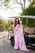 Vastranavya Baby Pink Weightless Marble Printed & Pearl Lace Border Saree with Unstitched Blouse