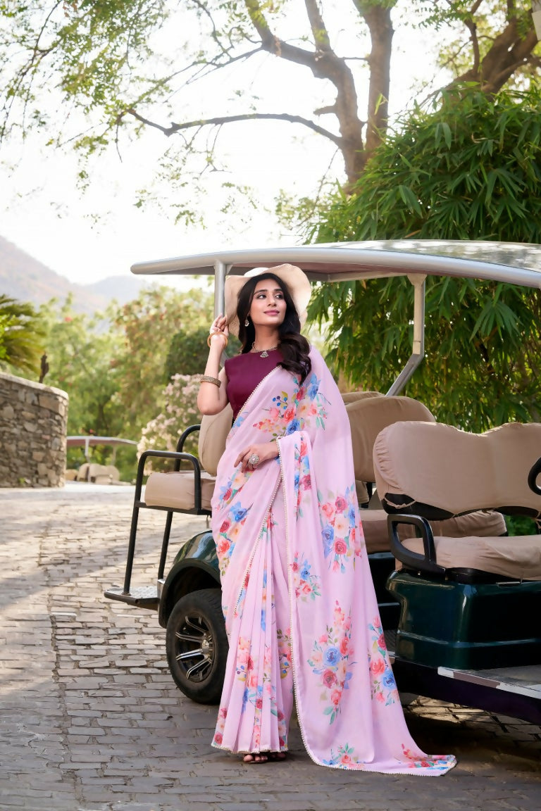 Vastranavya Baby Pink Weightless Marble Printed & Pearl Lace Border Saree with Unstitched Blouse
