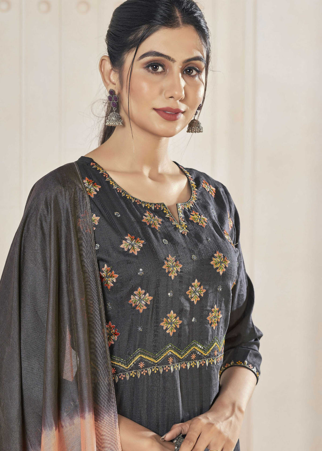 Jyoti Fashion Women's Black Pure Viscose Weaving Stripe with Embroidery Kurta Set