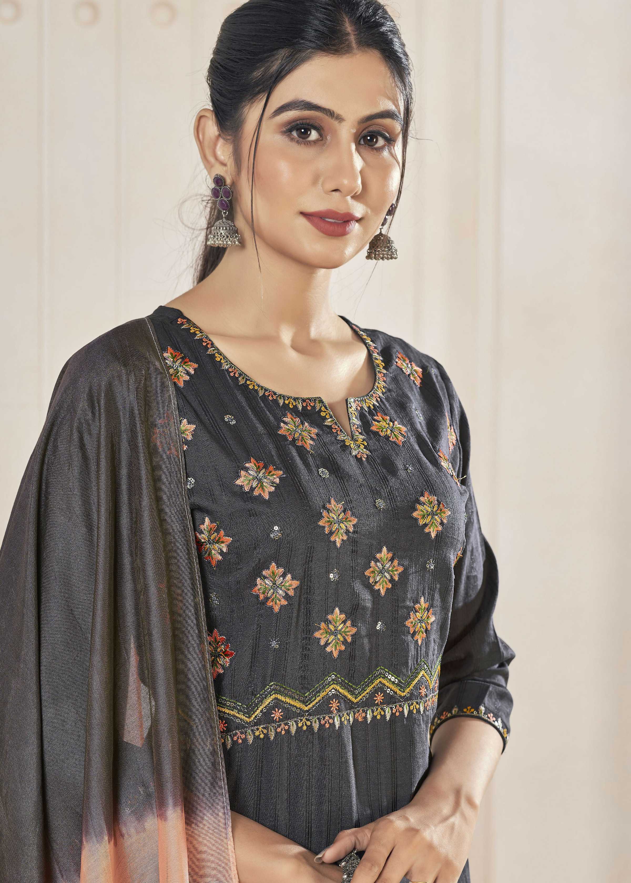 Jyoti Fashion Women's Black Pure Viscose Weaving Stripe with Embroidery Kurta Set